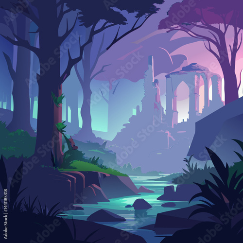 A vibrant forest illustration with a majestic castle rising in the background, surrounded by lush greenery.