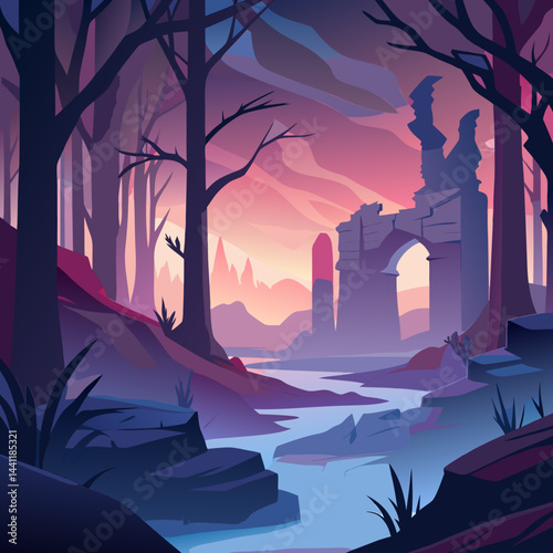 A vibrant forest illustration with a majestic castle rising in the background, surrounded by lush greenery.