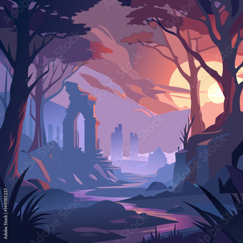 A vibrant forest illustration with a majestic castle rising in the background, surrounded by lush greenery.
