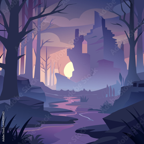 A vibrant forest illustration with a majestic castle rising in the background, surrounded by lush greenery.