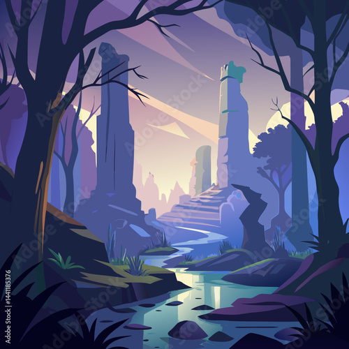 A vibrant forest illustration with a majestic castle rising in the background, surrounded by lush greenery.