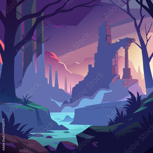 A vibrant forest illustration with a majestic castle rising in the background, surrounded by lush greenery.