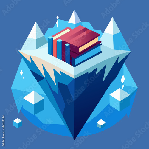 An illustration of an iceberg topped with various colorful books, symbolizing knowledge and exploration.