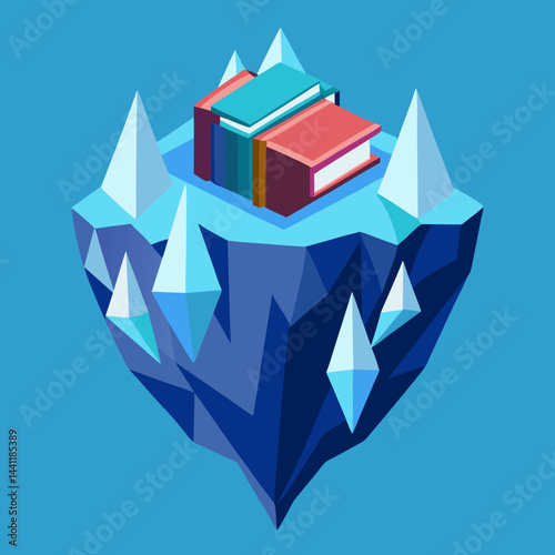 An illustration of an iceberg topped with various colorful books, symbolizing knowledge and exploration.