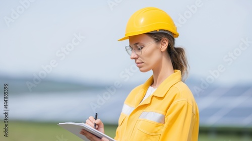 Obraz na płótnie Woman in yellow work attire takes notes while standing near solar panels on a sunny day. w salonie