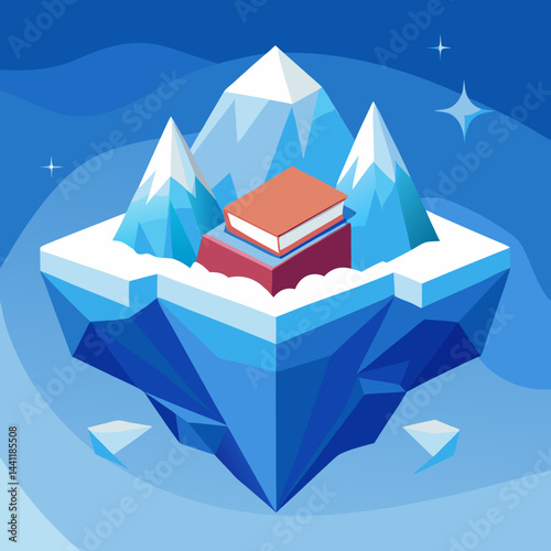 An illustration of an iceberg topped with various colorful books, symbolizing knowledge and exploration.