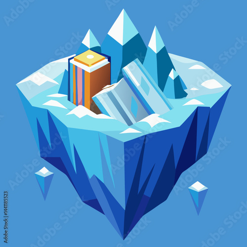An illustration of an iceberg topped with various colorful books, symbolizing knowledge and exploration.
