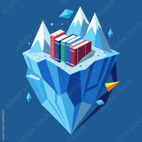 An illustration of an iceberg topped with various colorful books, symbolizing knowledge and exploration.