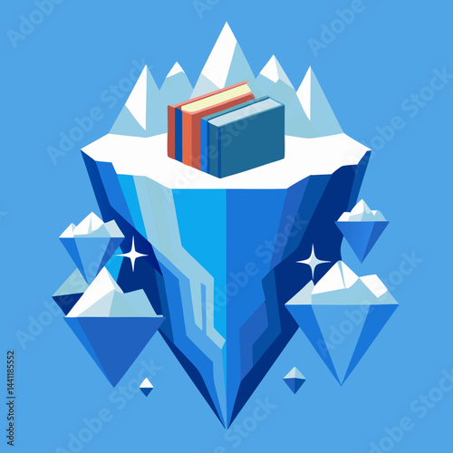 An illustration of an iceberg topped with various colorful books, symbolizing knowledge and exploration.