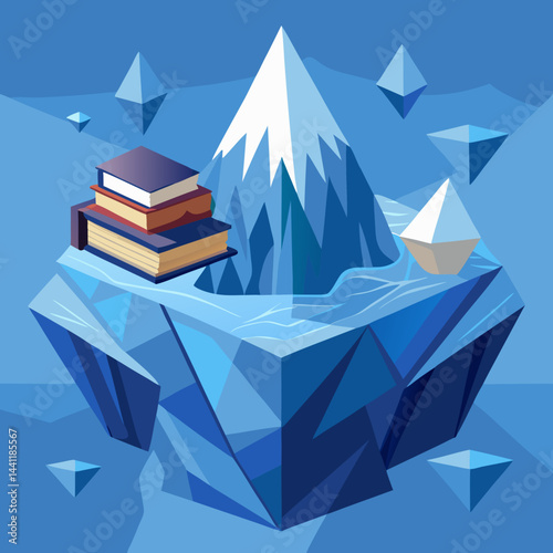 An illustration of an iceberg topped with various colorful books, symbolizing knowledge and exploration.