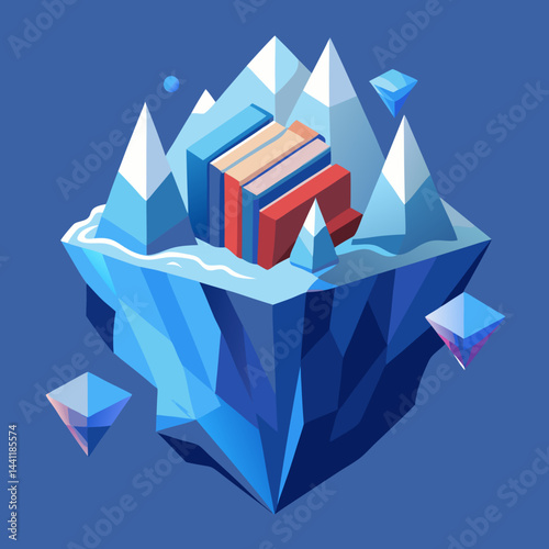 An illustration of an iceberg topped with various colorful books, symbolizing knowledge and exploration.