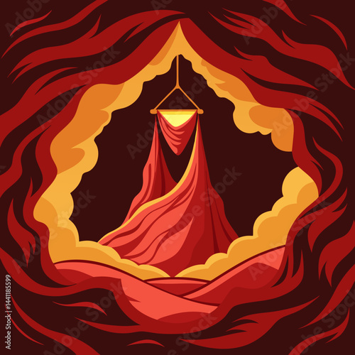 An illustration of a volcano with a tent set up in front, showcasing a camping scene in a volcanic landscape.