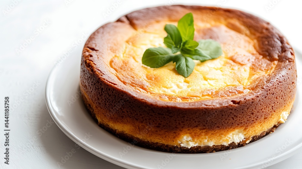 Baked Cheesecake on Plate with Basil, Golden Crust, White Table Surface, Delicious Baked Cheesecake on Plate with Basil, Golden Crust, White Table Surface, Delicious
