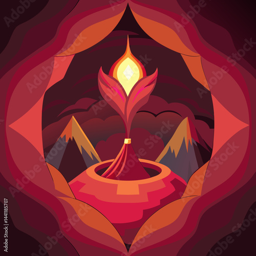 An illustration of a volcano with a tent set up in front, showcasing a camping scene in a volcanic landscape.