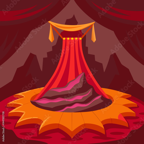 An illustration of a volcano with a tent set up in front, showcasing a camping scene in a volcanic landscape.