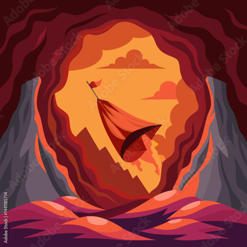 An illustration of a volcano with a tent set up in front, showcasing a camping scene in a volcanic landscape.
