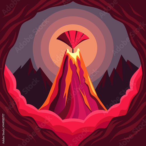 An illustration of a volcano with a tent set up in front, showcasing a camping scene in a volcanic landscape.