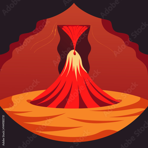 An illustration of a volcano with a tent set up in front, showcasing a camping scene in a volcanic landscape.