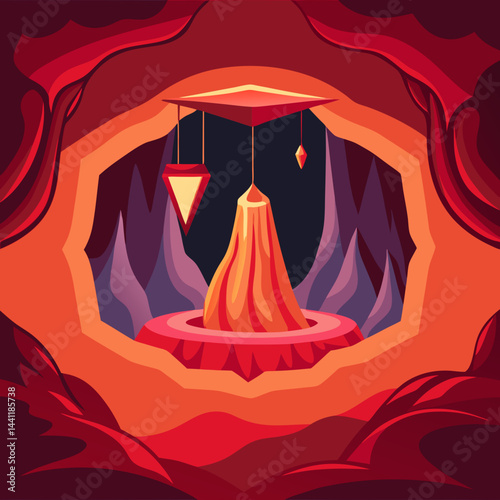 An illustration of a volcano with a tent set up in front, showcasing a camping scene in a volcanic landscape.