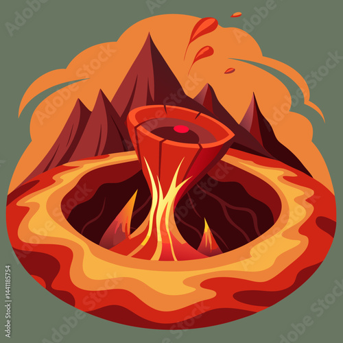 An illustration of a volcano with a tent set up in front, showcasing a camping scene in a volcanic landscape.