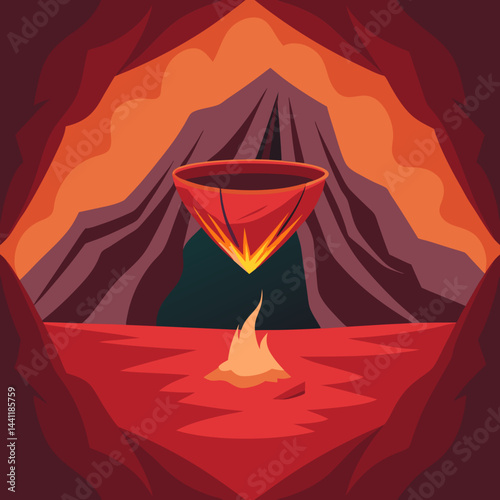 An illustration of a volcano with a tent set up in front, showcasing a camping scene in a volcanic landscape.