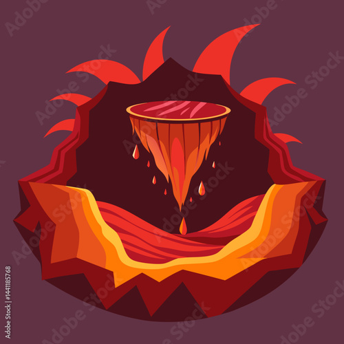 An illustration of a volcano with a tent set up in front, showcasing a camping scene in a volcanic landscape.