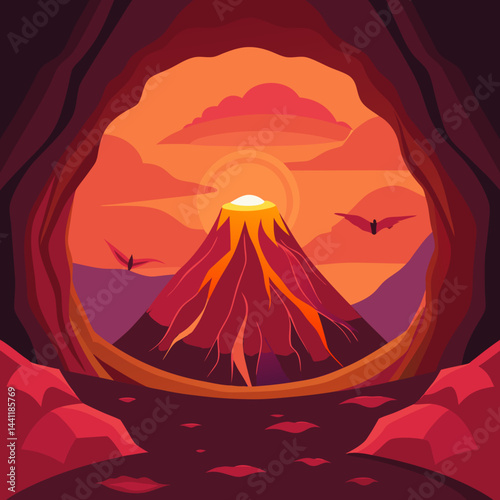 An illustration of a volcano with a tent set up in front, showcasing a camping scene in a volcanic landscape.