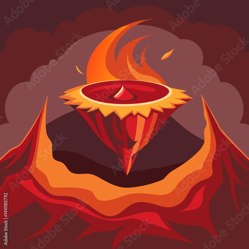 An illustration of a volcano with a tent set up in front, showcasing a camping scene in a volcanic landscape.