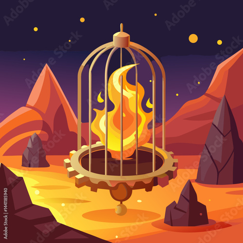 An illustration of a vibrant fire contained within a metal cage, showcasing the contrast between flames and confinement.