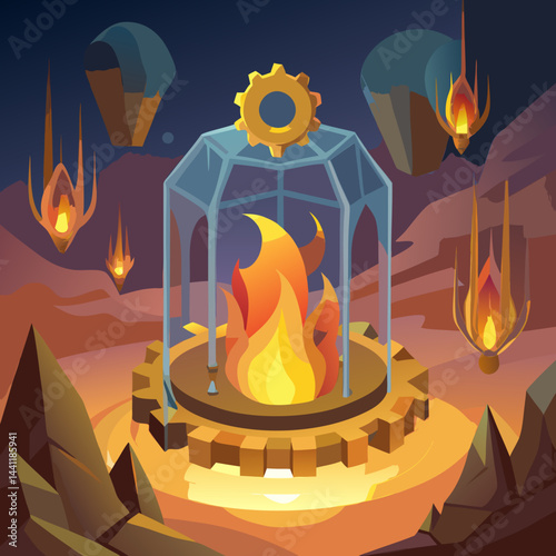 An illustration of a vibrant fire contained within a metal cage, showcasing the contrast between flames and confinement.
