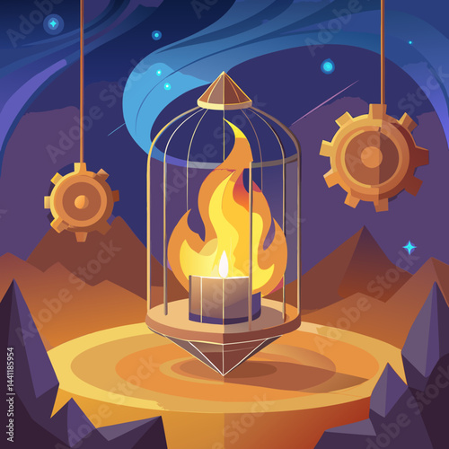 An illustration of a vibrant fire contained within a metal cage, showcasing the contrast between flames and confinement.