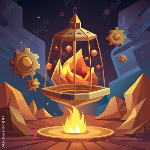 An illustration of a vibrant fire contained within a metal cage, showcasing the contrast between flames and confinement.