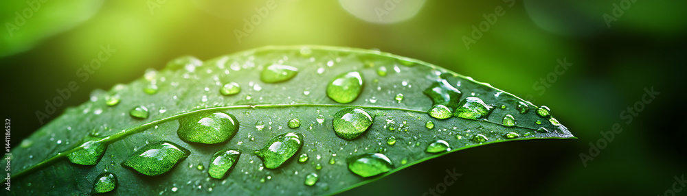 Fototapeta premium Close-up of a green leaf with water droplets on a blurred background, macro view. 