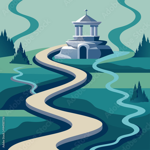 A serene river scene on the book cover, featuring a temple and a bridge nestled among lush greenery.
