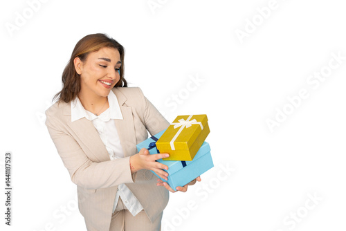 Smiling businesswoman holding two gift boxes, isolated on transparent background