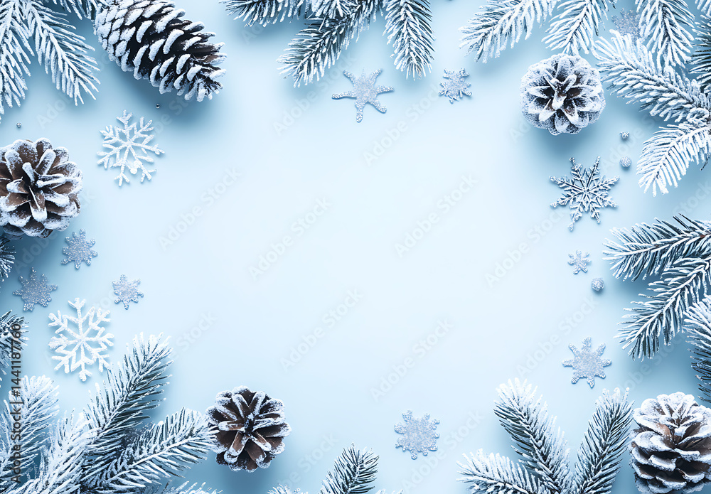 Christmas frame background with winter elements, snowflakes and pine cones, pastel blue color palette, white space in the center for text or design Christmas frame background with winter elements, snowflakes and pine cones, pastel blue color palette, white space in the center for text or design