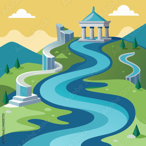 A serene river scene on the book cover, featuring a temple and a bridge nestled among lush greenery.