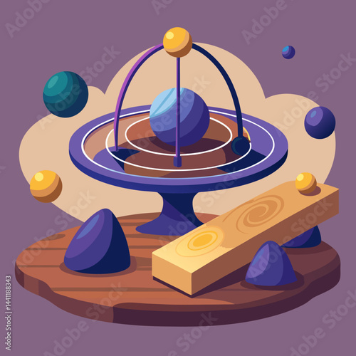An illustration of a colorful planet resting on a wooden stand, showcasing its vibrant details and textures.
