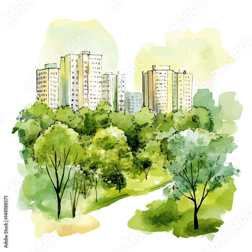 illustration of Green City Spaces, watercolor vector, isolated on a white background.