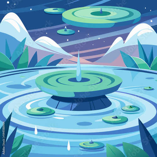 Vector illustration of a serene night pond with lily pads and blooming water lilies under a starry sky.