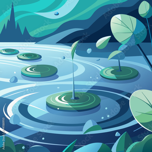 Vector illustration of a serene night pond with lily pads and blooming water lilies under a starry sky.