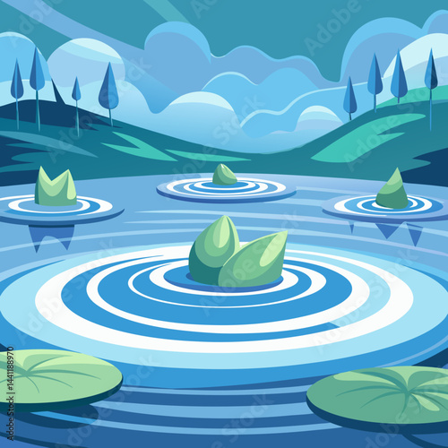 Vector illustration of a serene night pond with lily pads and blooming water lilies under a starry sky.
