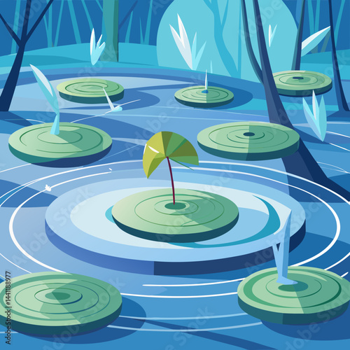 Vector illustration of a serene night pond with lily pads and blooming water lilies under a starry sky.