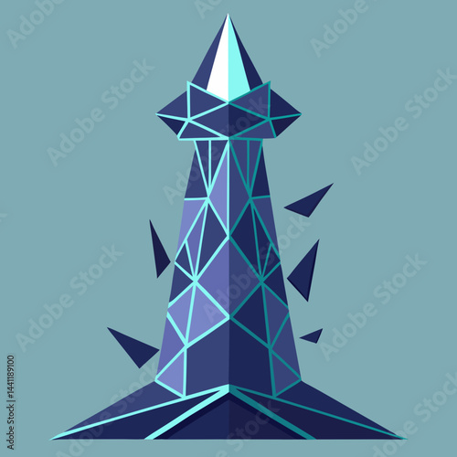 Lighthouse surrounded by broken pieces of ice, showcasing a stark winter landscape.