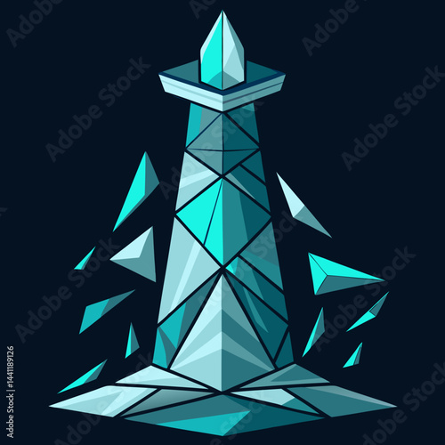 Lighthouse surrounded by broken pieces of ice, showcasing a stark winter landscape.