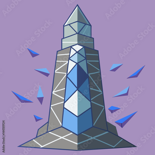Lighthouse surrounded by broken pieces of ice, showcasing a stark winter landscape.
