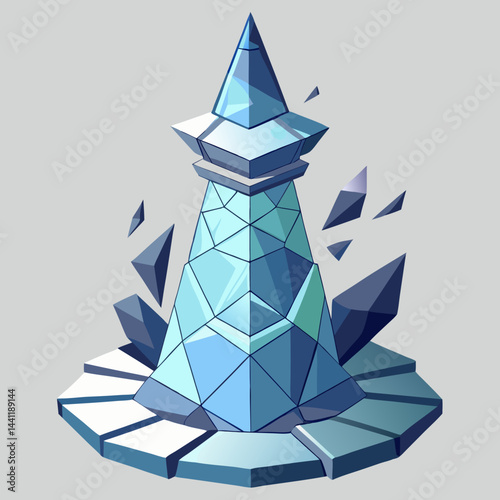 Lighthouse surrounded by broken pieces of ice, showcasing a stark winter landscape.