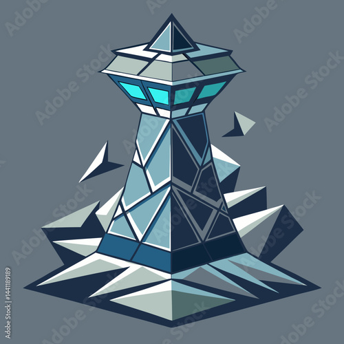 Lighthouse surrounded by broken pieces of ice, showcasing a stark winter landscape.