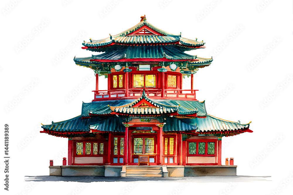 Fototapeta premium Majestic Chinese Pagoda Watercolor Painting Tranquil Red Green Architecture