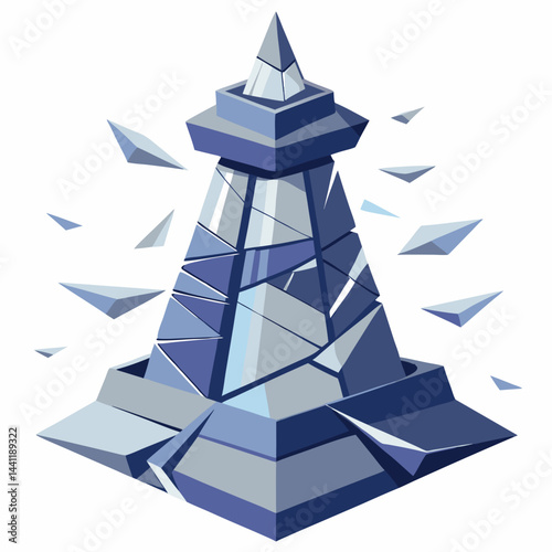 Lighthouse surrounded by broken pieces of ice, showcasing a stark winter landscape.